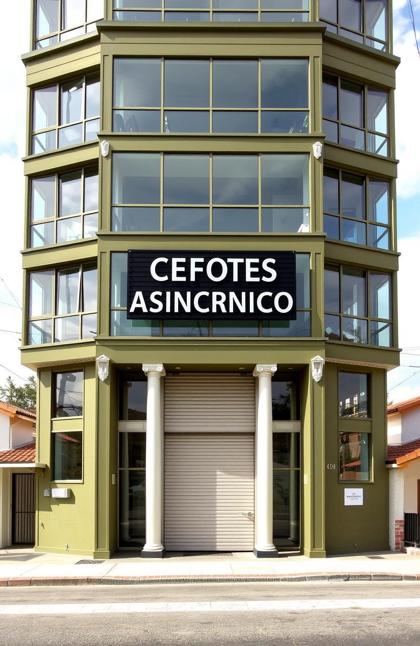 A modern 4-story building painted in olive green with white details, featuring a lot of glass in its structure