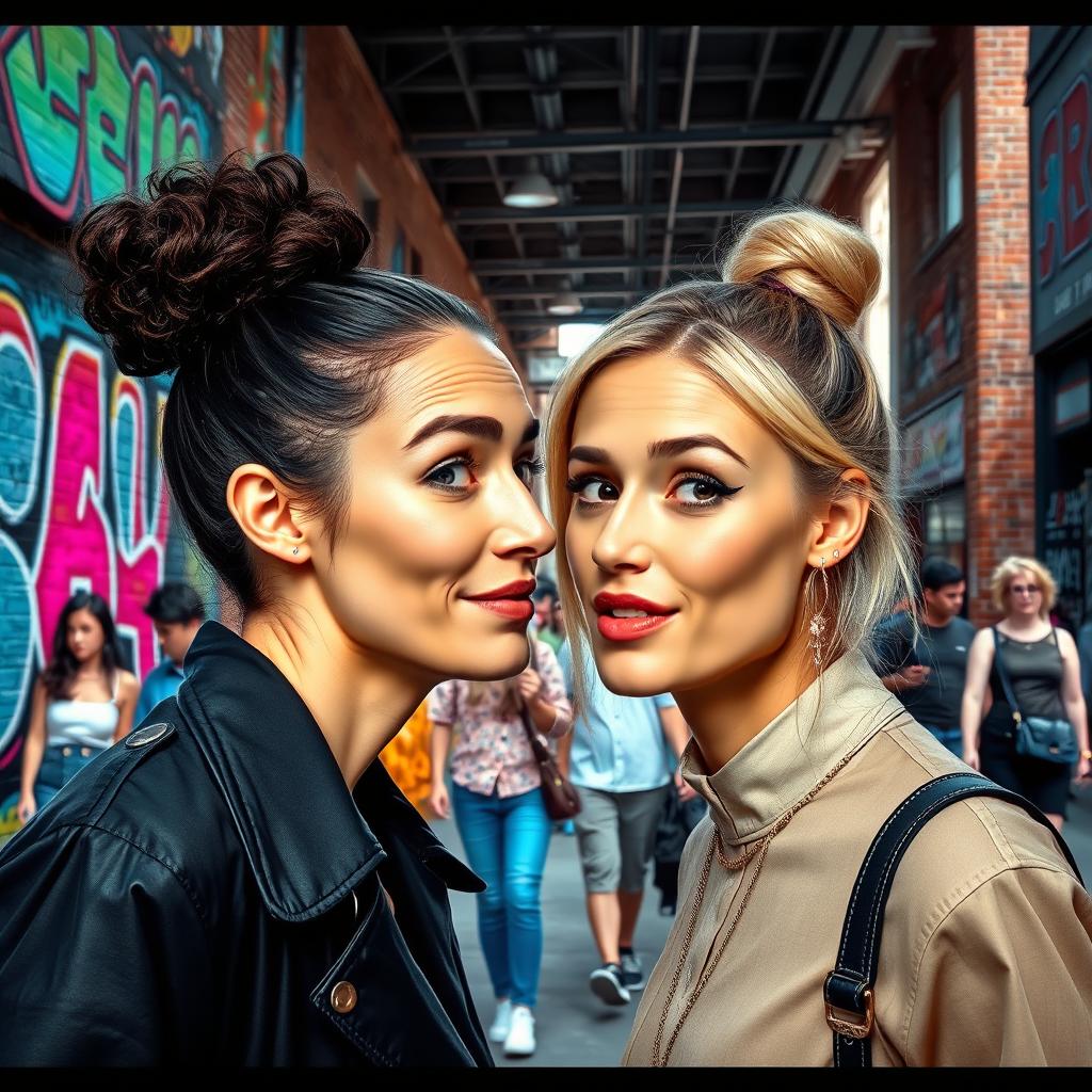 A surreal and artistic representation of two people exchanging faces in a vibrant urban setting, with their facial expressions reflecting curiosity and surprise