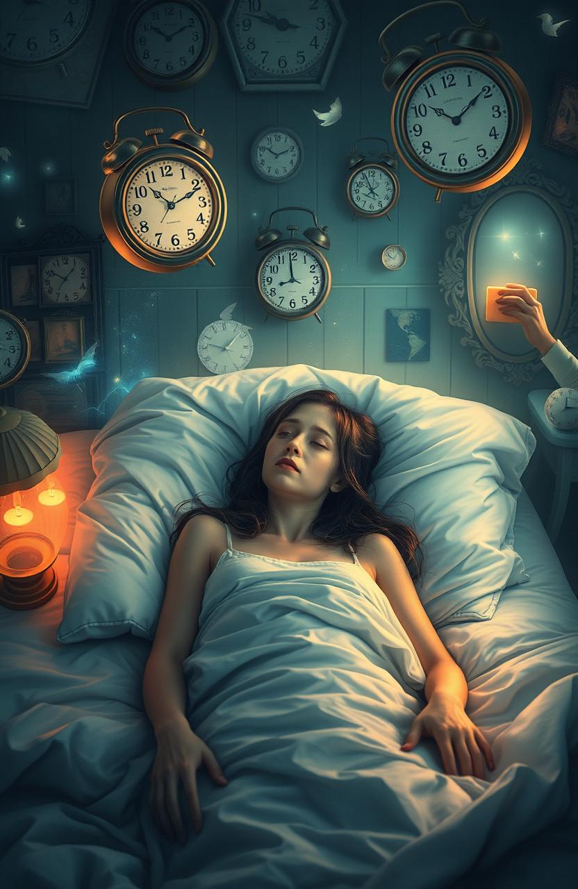 A surreal interpretation of a false awakening scene, where a person is lying in bed, surrounded by dream-like imagery and ethereal light