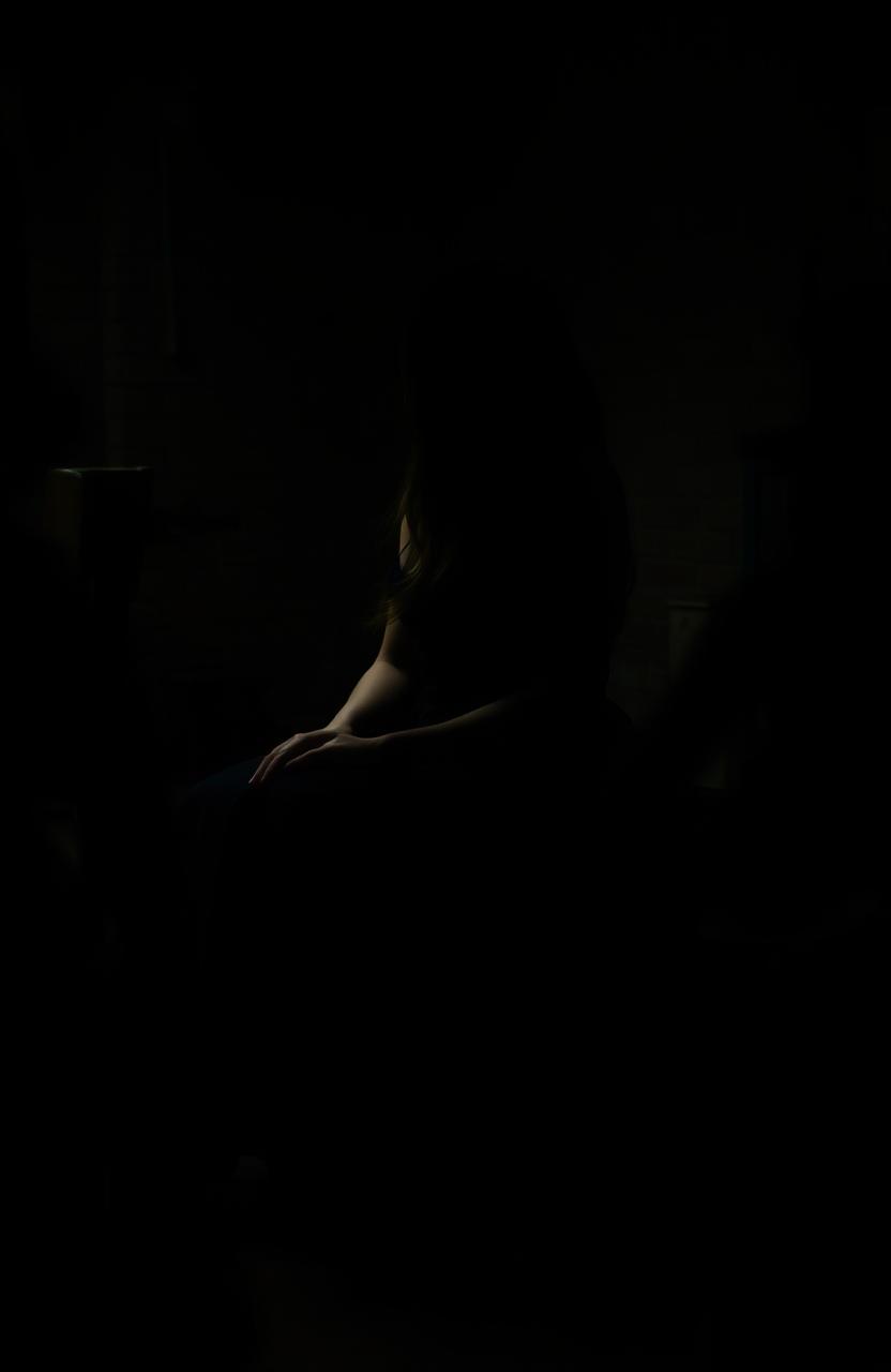 A mysterious woman sitting in a dark corner of a dimly lit room, her silhouette softly illuminated by a faint light