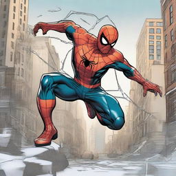 Comic art merging the personas of Spider-Man and the Winter Soldier. The fusion character sports Spider-Man's agility and characteristic web, with the Winter Soldier's metallic arm and tactical cunning.