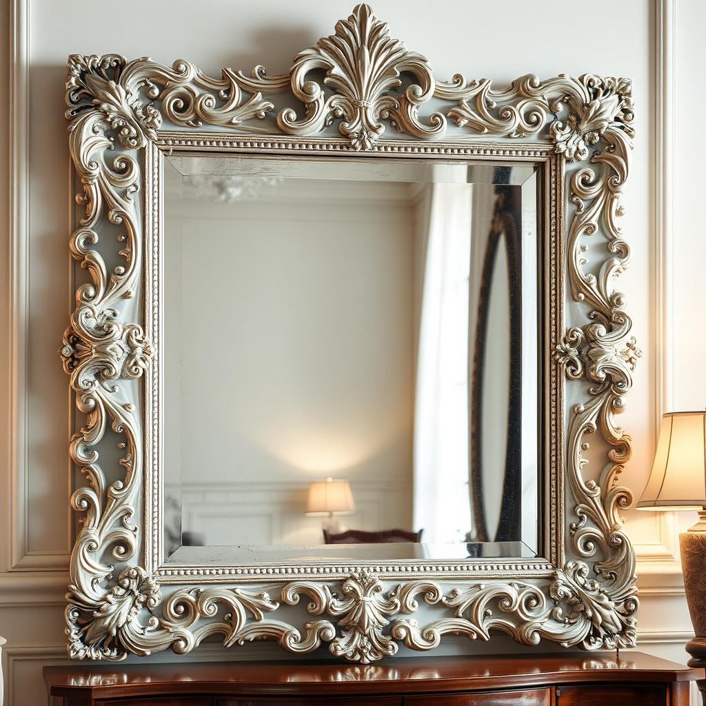 A stunning silver square Venetian mirror designed with intricate baroque embellishments and ornamental details