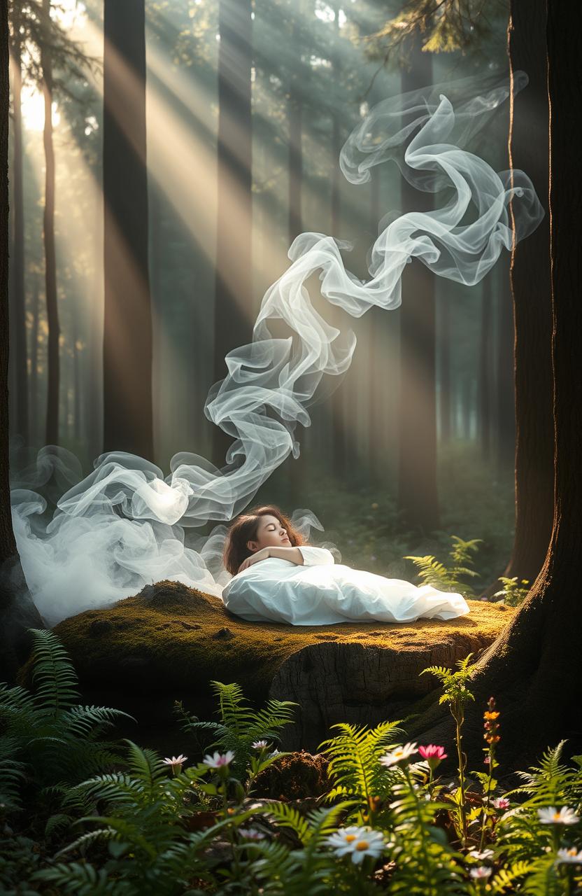 A serene and mystical forest scene, depicting a peaceful figure sleeping on a bed of moss and leaves surrounded by tall trees