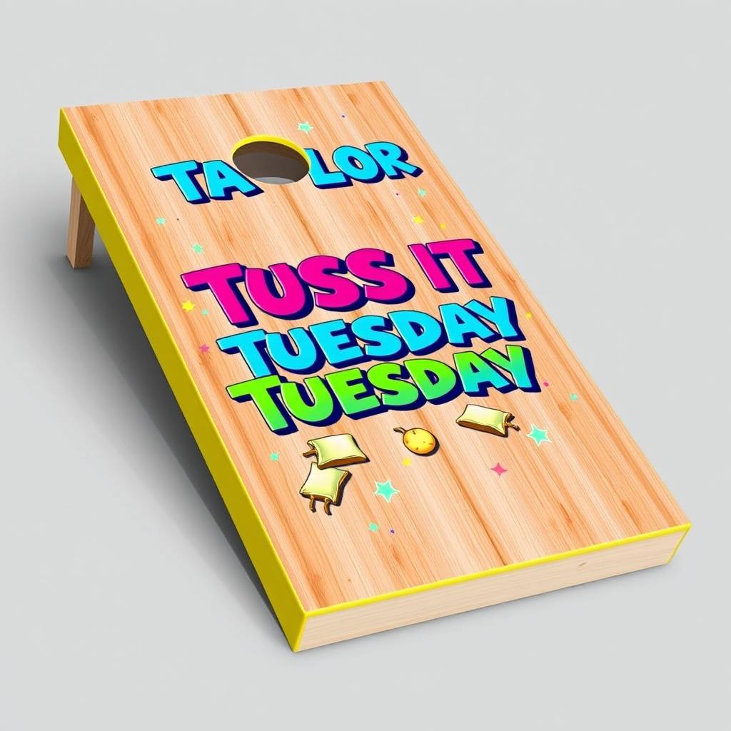 A custom cornhole board design for 'Taylor Toss It Tuesday' featuring a bright and energetic theme