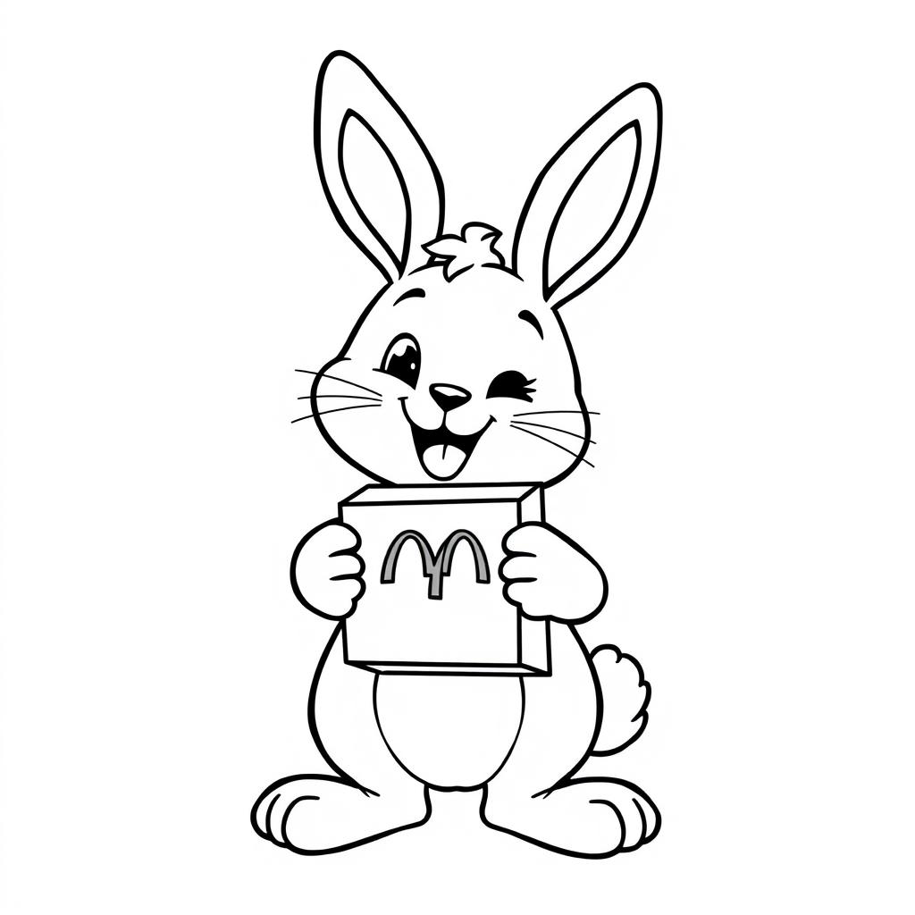 A cute cartoon-style bunny happily holding a Happy Meal box, designed as a black and white coloring page for kids
