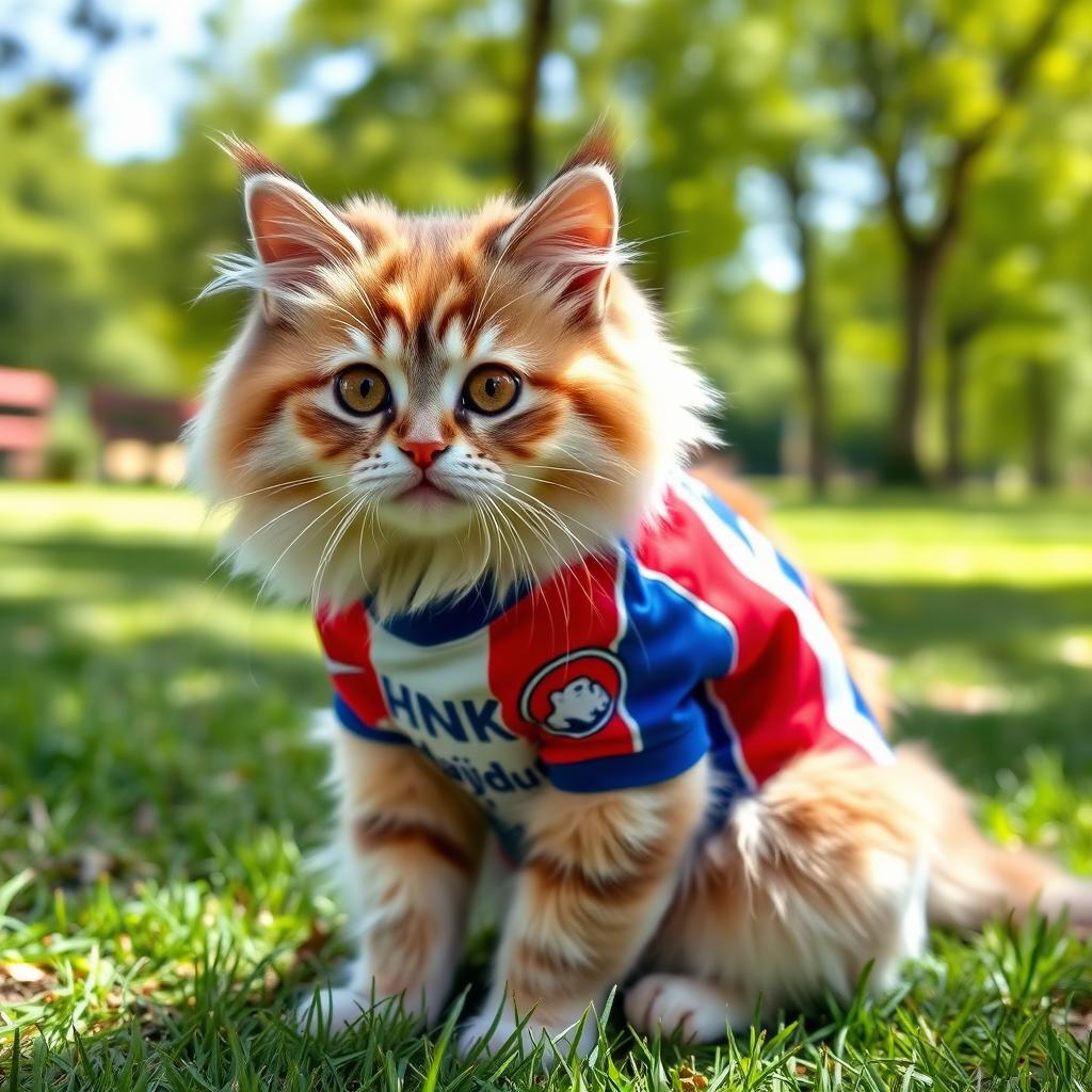 A fluffy and adorable cat wearing a HNK Hajduk jersey, with vibrant colors of the jersey clearly visible, sitting in a playful manner