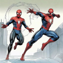 Comic art merging the personas of Spider-Man and the Winter Soldier. The fusion character sports Spider-Man's agility and characteristic web, with the Winter Soldier's metallic arm and tactical cunning.