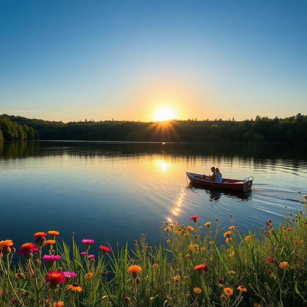 A serene landscape featuring a calm lake surrounded by lush green forests under a clear blue sky