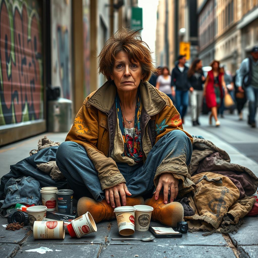 A scene depicting a homeless woman sitting on a city street, her clothes are worn and tattered but colorful, suggesting a once vibrant personality