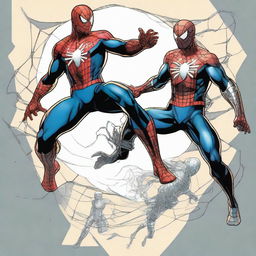 Comic art merging the personas of Spider-Man and the Winter Soldier. The fusion character sports Spider-Man's agility and characteristic web, with the Winter Soldier's metallic arm and tactical cunning.