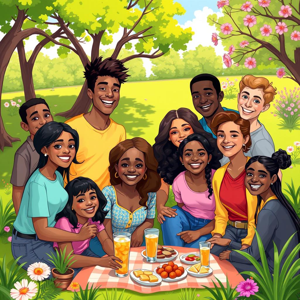 A vibrant 2D illustration featuring a diverse group of people gathered together in a lively outdoor setting