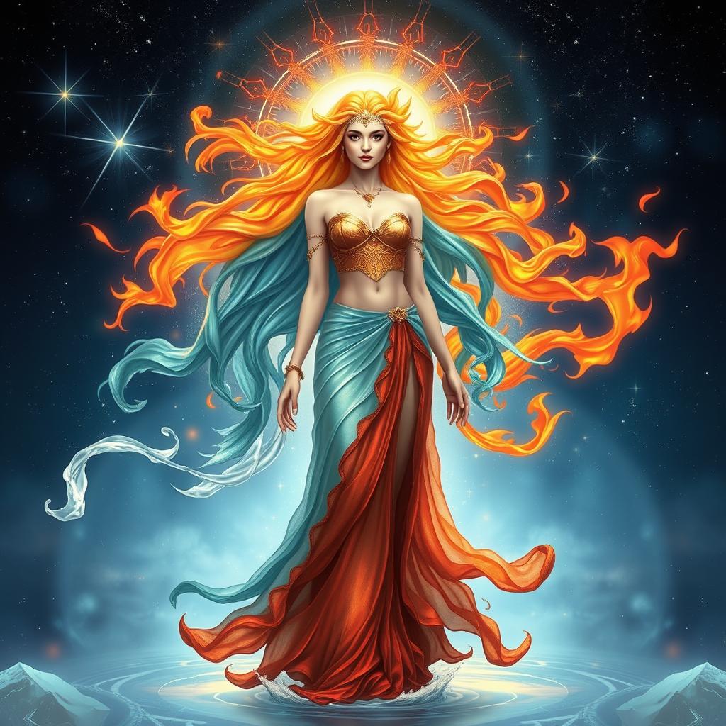 A beautiful and ethereal goddess representing the zodiac signs of Pisces and Aries, embodying duality with fluid, flowing water around her to symbolize Pisces, and bold flames surrounding her to represent Aries