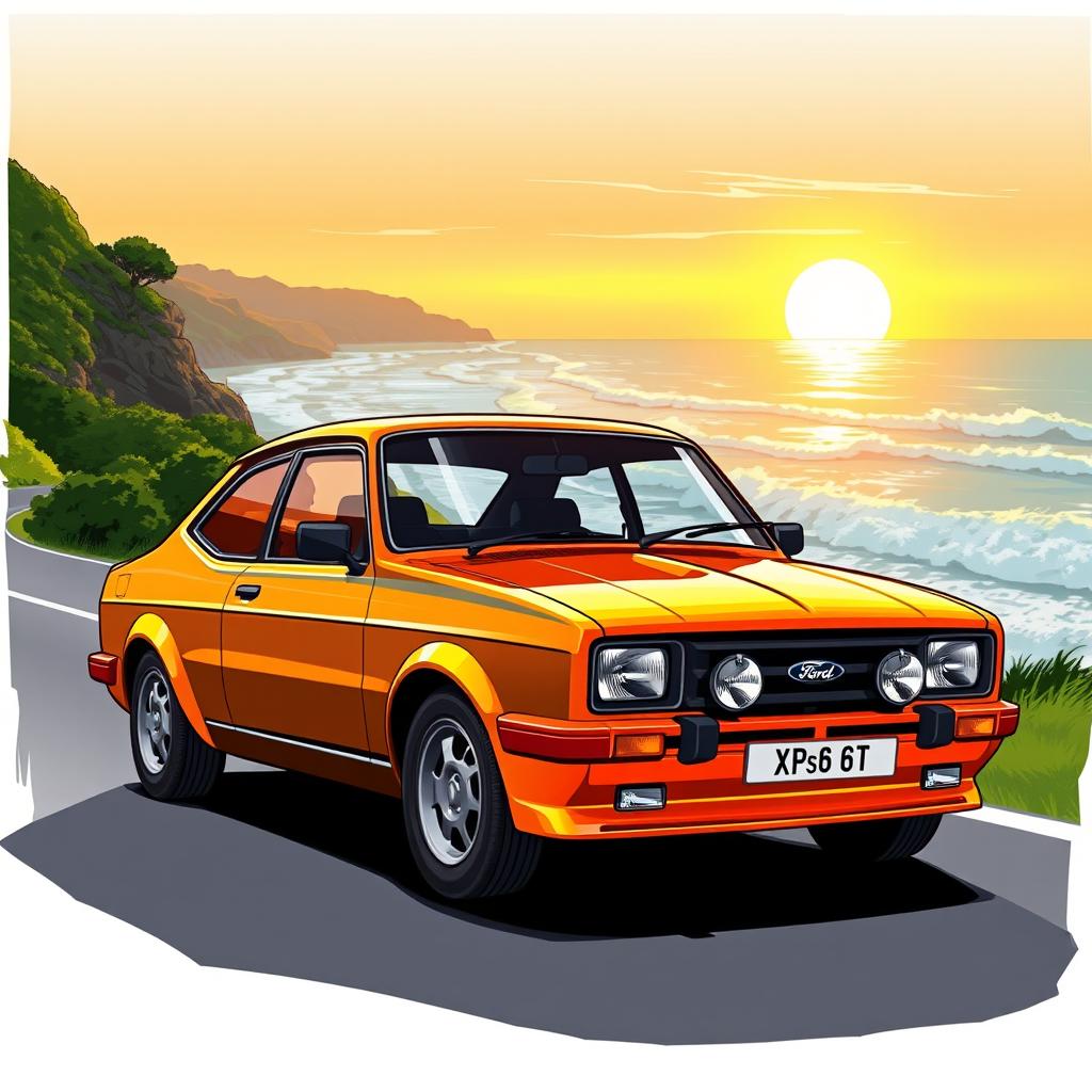 A beautifully stylized illustration of a Ford Escort Zetec car, showcasing its sleek design and vibrant color