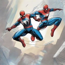 Comic art merging the personas of Spider-Man and the Winter Soldier. The fusion character sports Spider-Man's agility and characteristic web, with the Winter Soldier's metallic arm and tactical cunning.