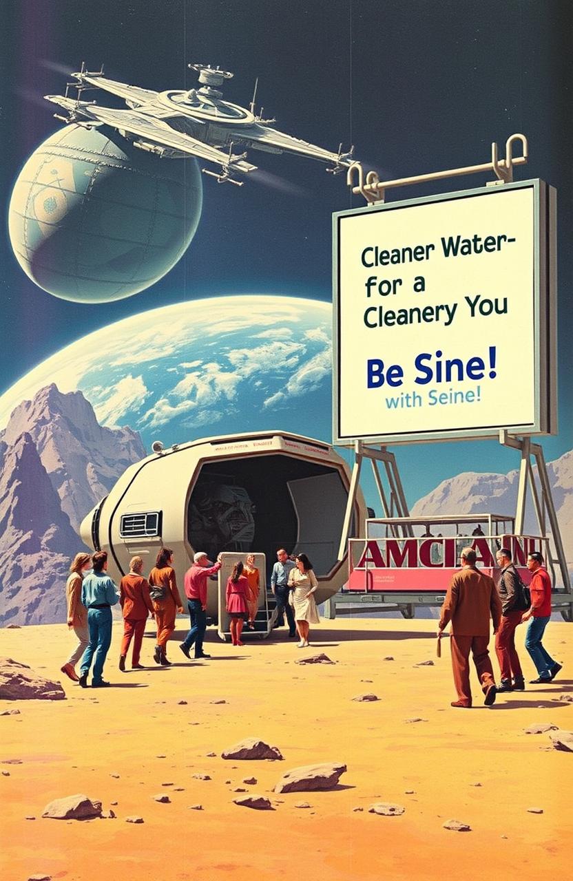 A vintage science fiction scene depicting a launch terminal on Earth featuring a boxy space transport
