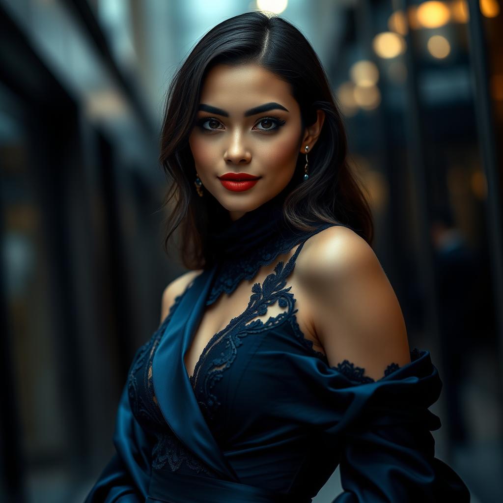 A stunning fashion portrait featuring a model dressed in elegant attire, showcasing navy blue as the primary color