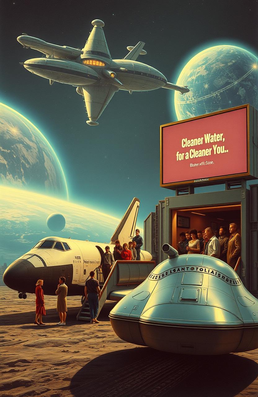 A vintage science fiction scene featuring a launch space shuttle terminal located on Earth