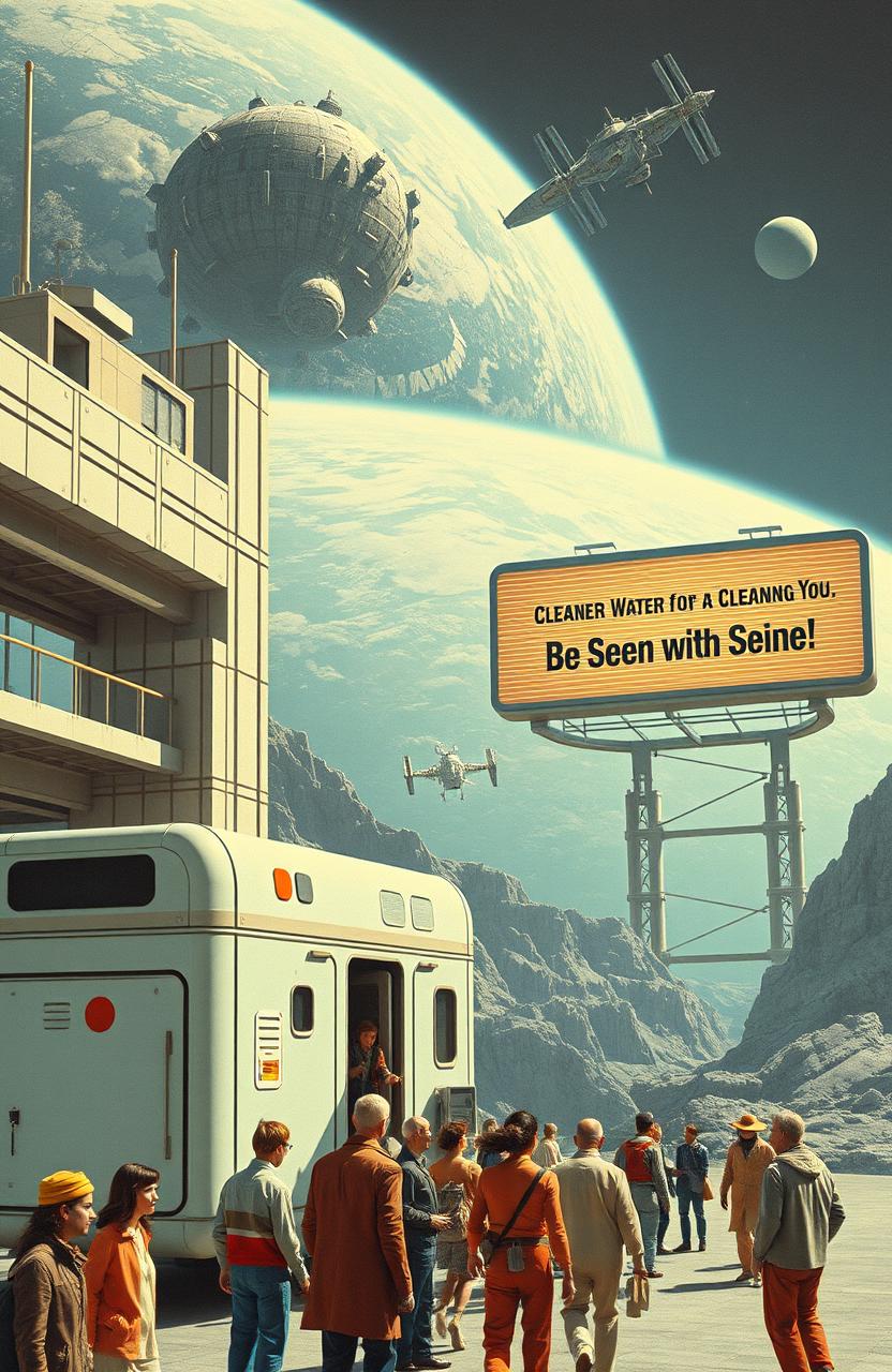 A vintage science fiction scene depicting an Earth-based space launch terminal