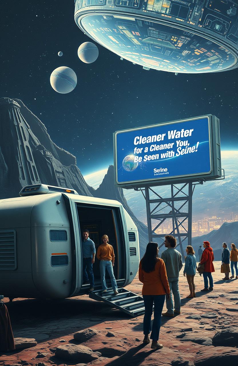 A vintage science fiction scene depicting a launch space terminal located on Earth, featuring a boxy space transport parked next to it