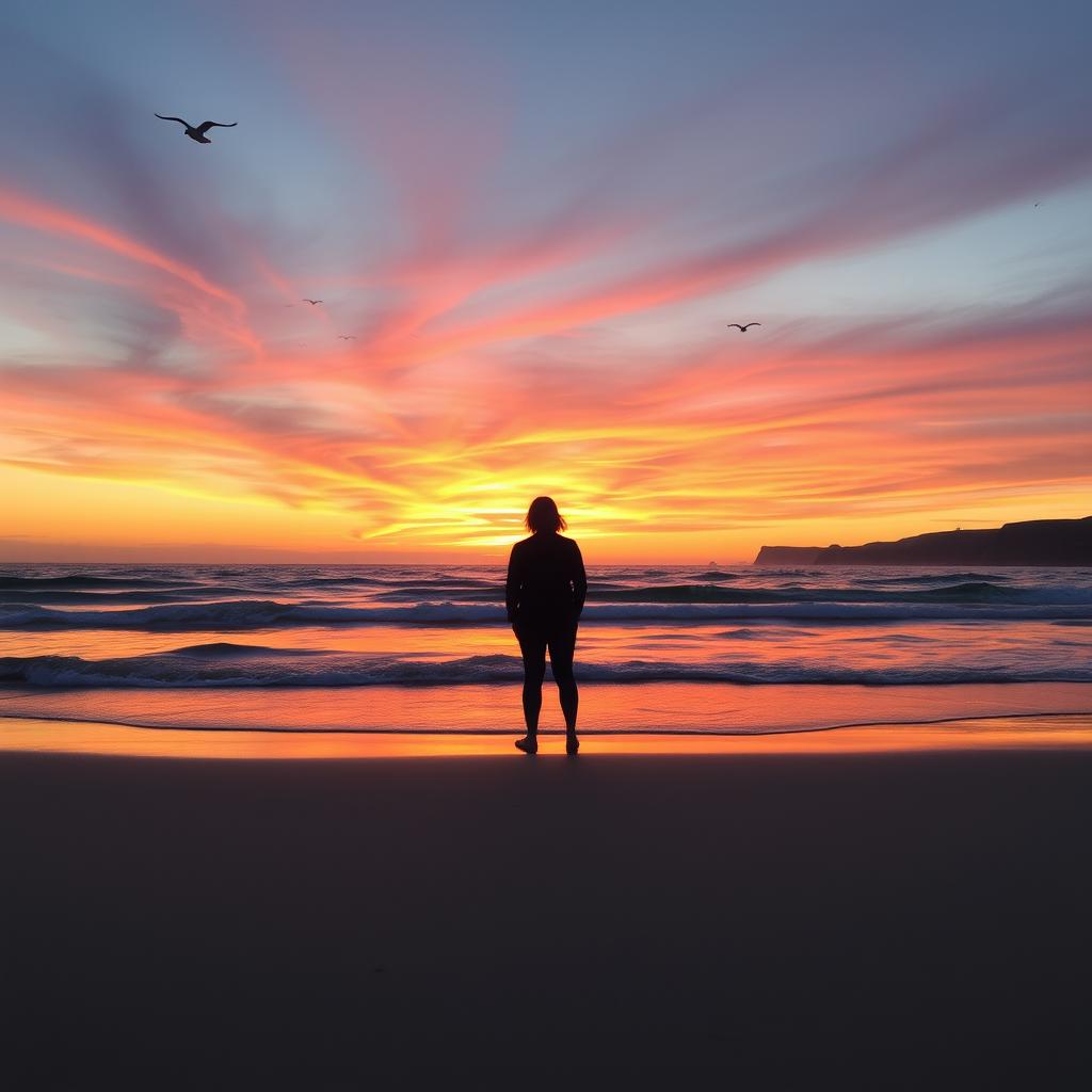 A beautiful outdoor scene during a vibrant sunset, showcasing a serene beach