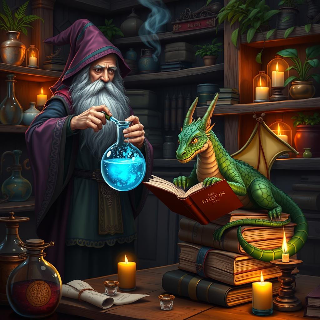 A wizard with a long, flowing beard and a colorful robe, standing in a cozy medieval alchemy lab filled with bubbling potions and mystical artifacts
