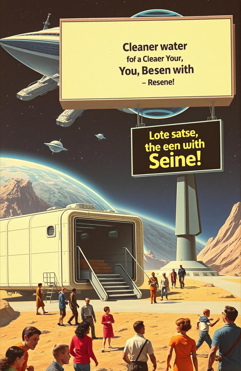 A vintage science fiction scene depicting a launch terminal on Earth with a boxy space transport vehicle parked next to it