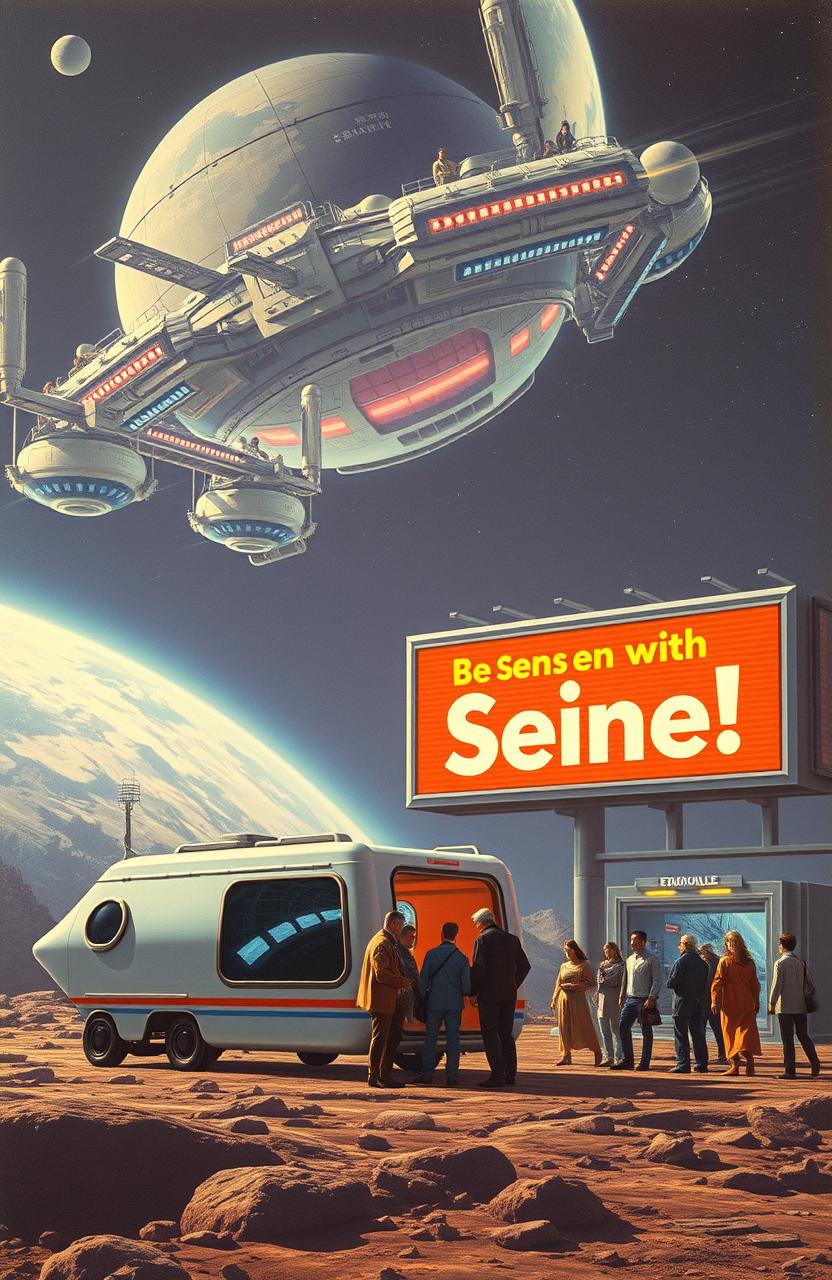 A vintage science fiction scene depicting a launch terminal for boxy space transports located on Earth