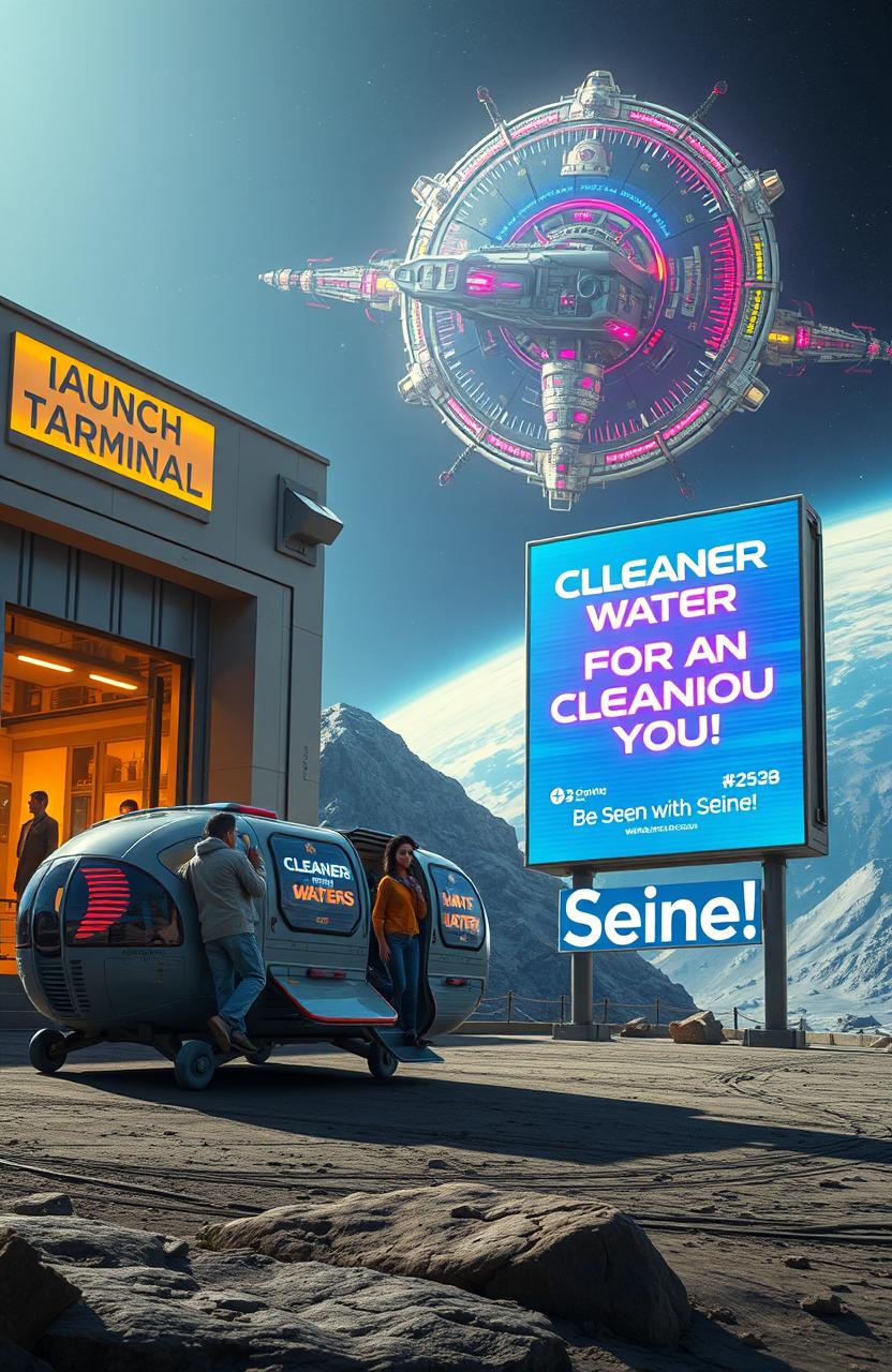 A vintage science fiction scene set on Earth, depicting a launch terminal designed for boxy space transports