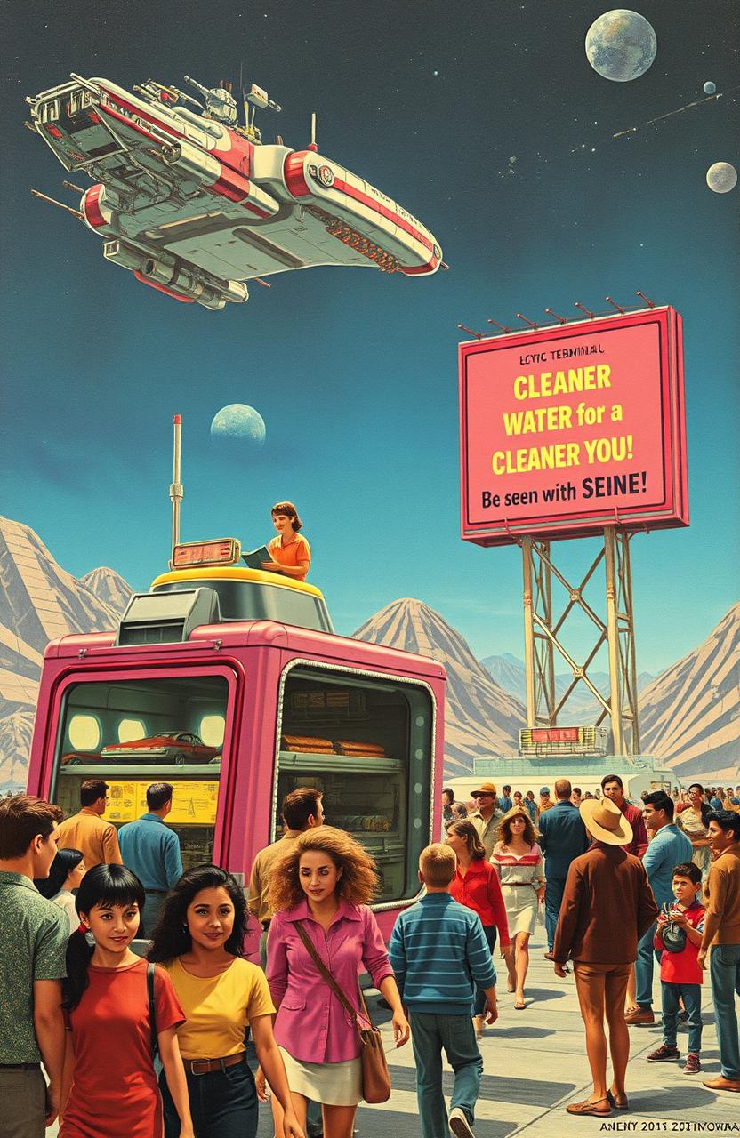 A vibrant and detailed vintage science fiction scene set on Earth featuring a launch terminal for boxy space transports