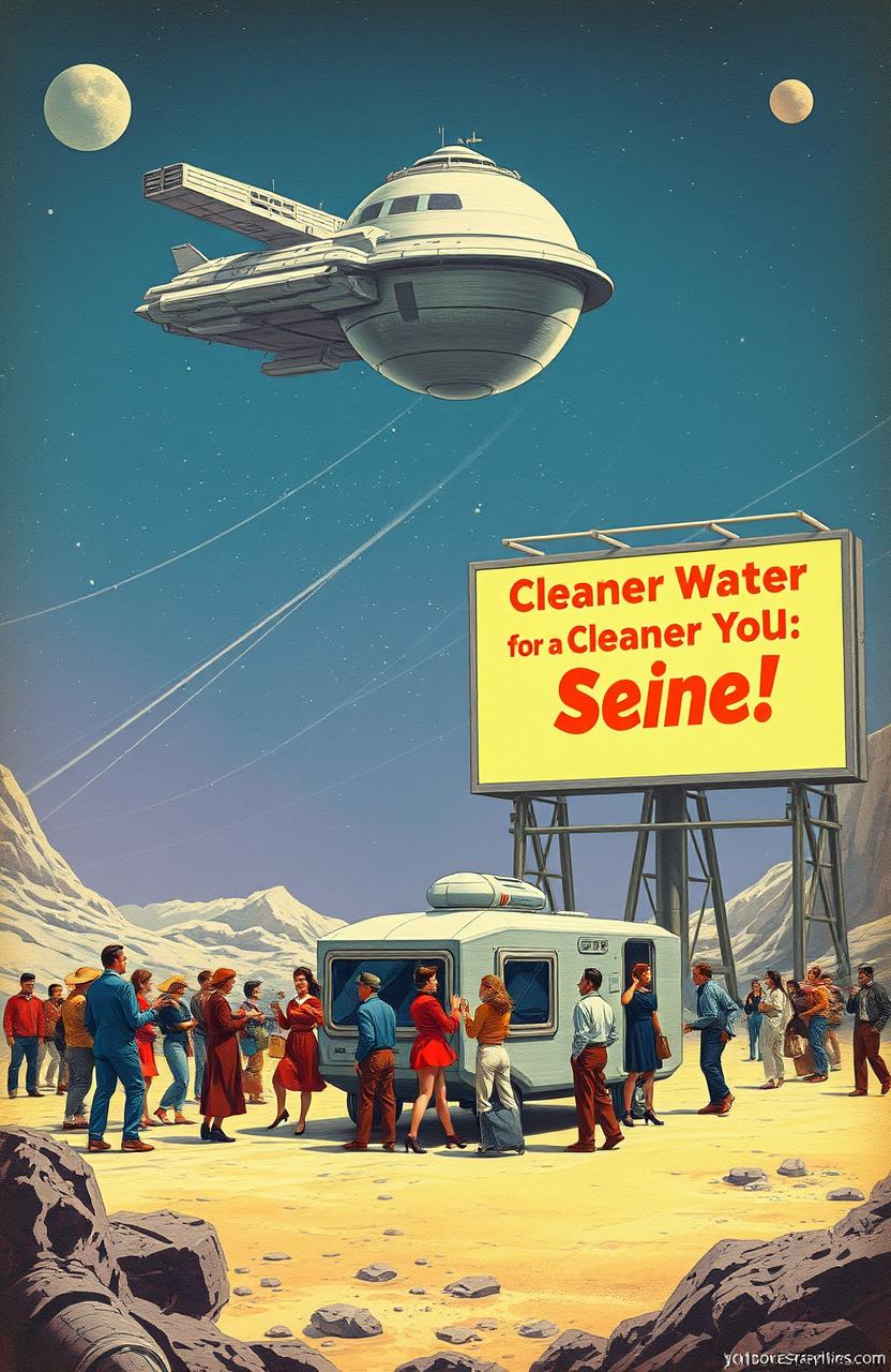 A vintage science fiction scene set on Earth showcasing a launch terminal for boxy space transports