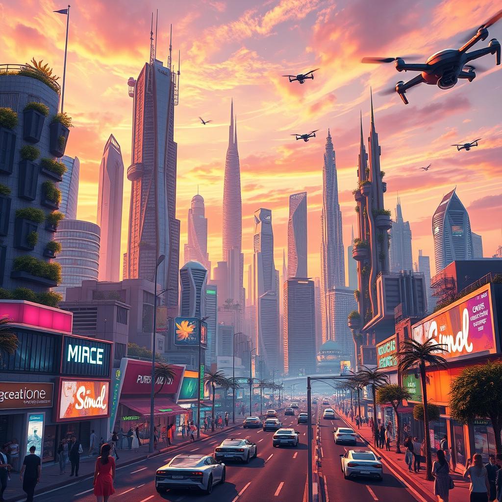 Create an imaginative and vibrant scene depicting a futuristic city skyline at sunset