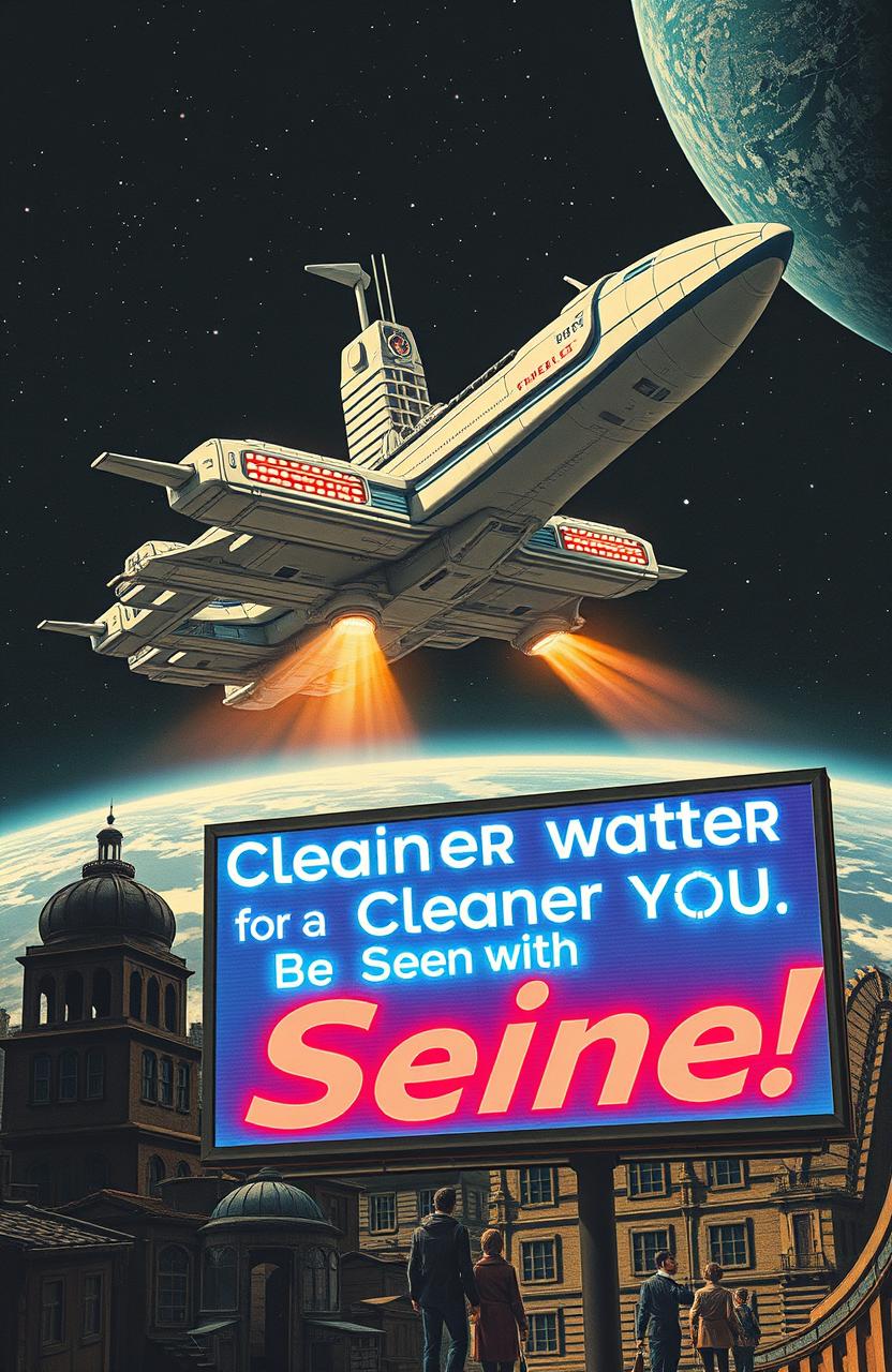 A vintage science fiction scene depicting a futuristic space station city orbiting Earth