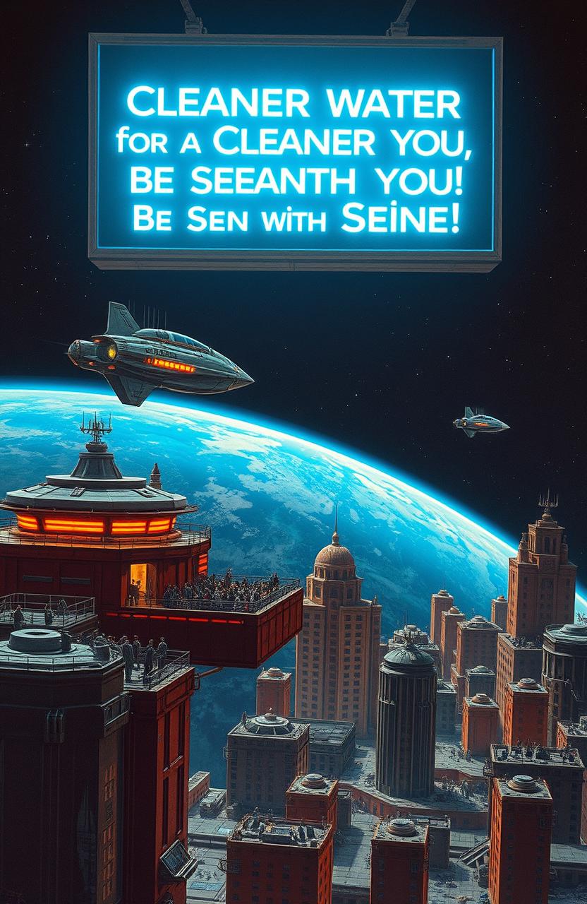 A vintage science fiction scene featuring a bustling space station city orbiting Earth, with a backdrop of the blue planet and stars