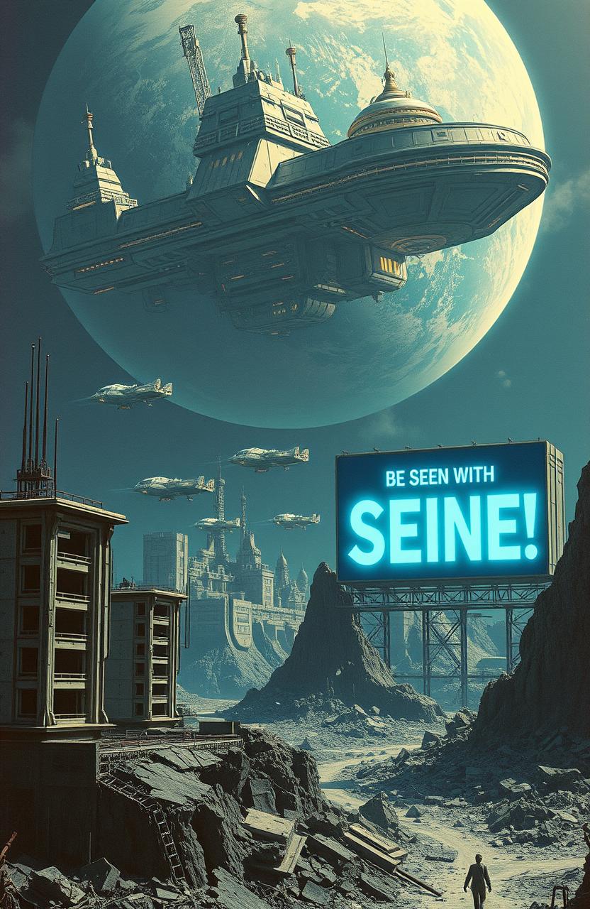A vintage science fiction scene depicting a futuristic space station city that orbits Earth in the background