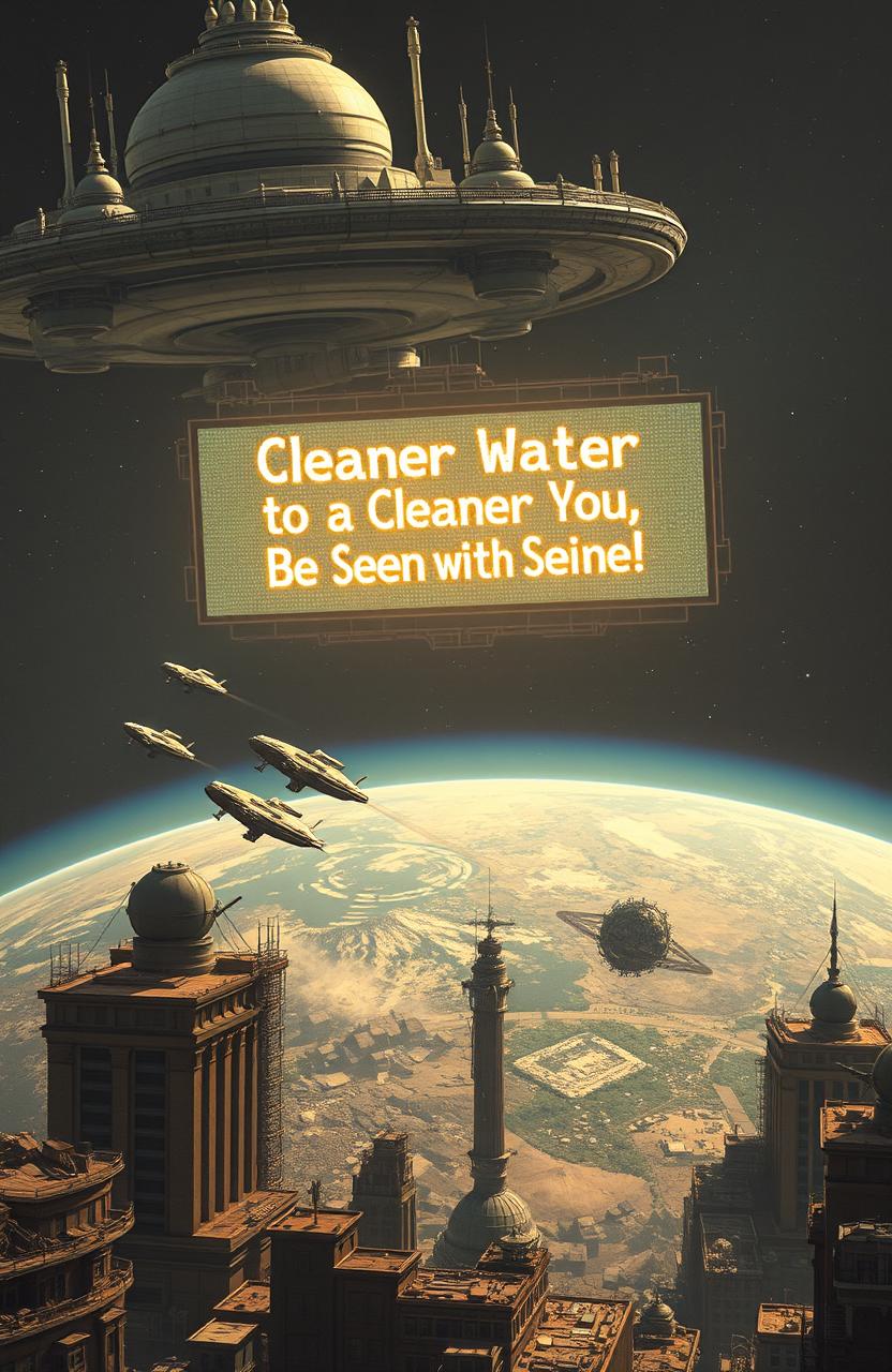 A vintage science fiction scene depicting a sprawling space station city orbiting Earth