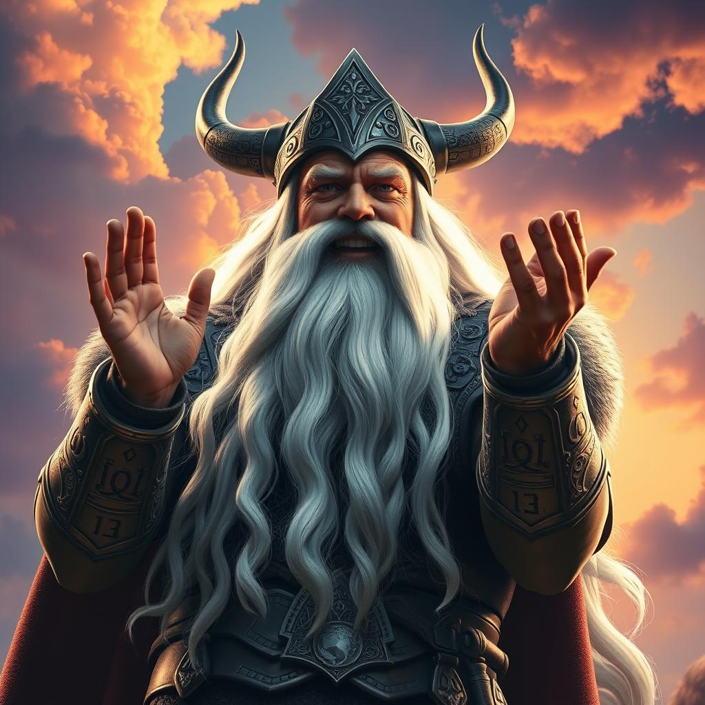Odin, the Norse god, with long flowing white hair and a magnificent beard, clapping his hands in a display of enthusiasm