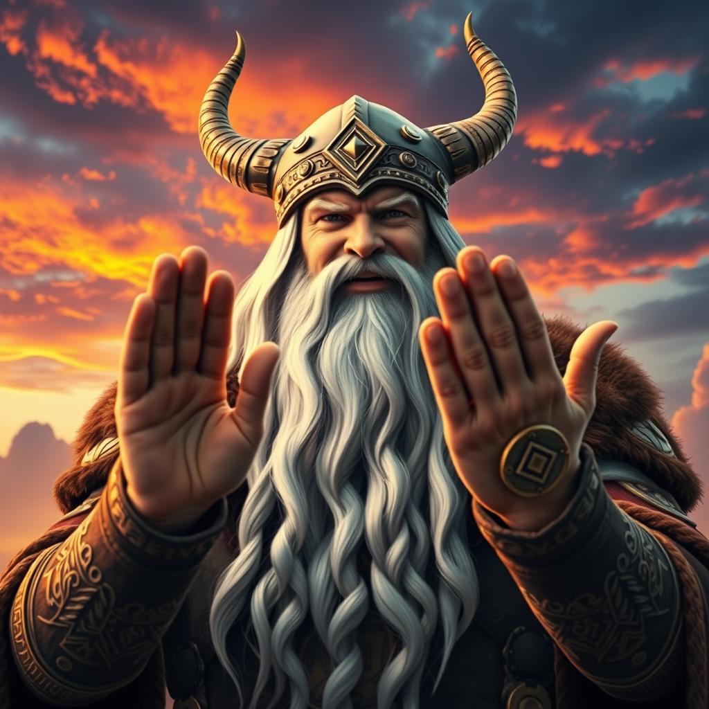 Odin, the Norse god, depicted clapping his hands enthusiastically towards the viewer