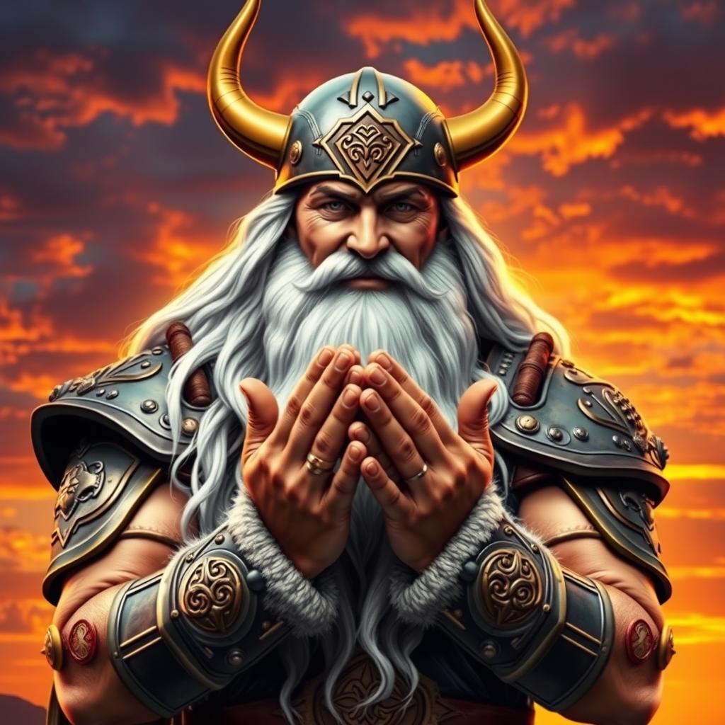 Odin, the Norse god, depicted clapping his hands together in front of him, with his palms touching firmly
