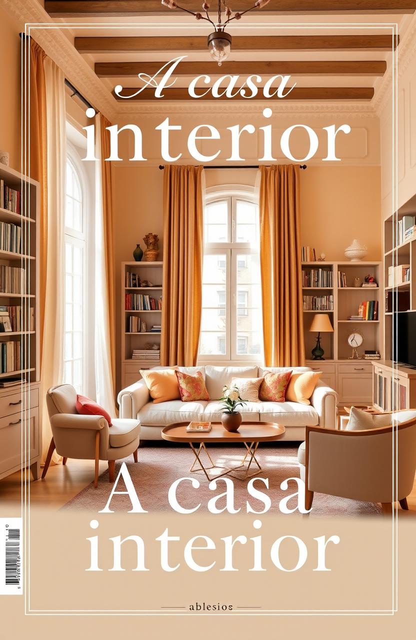 A book cover design for the title 'A Casa Interior', featuring a cozy and inviting interior scene of a beautifully decorated living room
