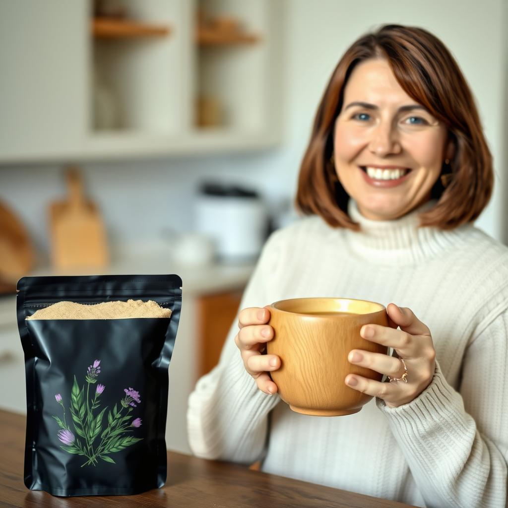 A middle-aged woman with shoulder-length brown hair, smiling warmly, and holding a light brown wooden mug filled with a light yellowish liquid, which looks like tea