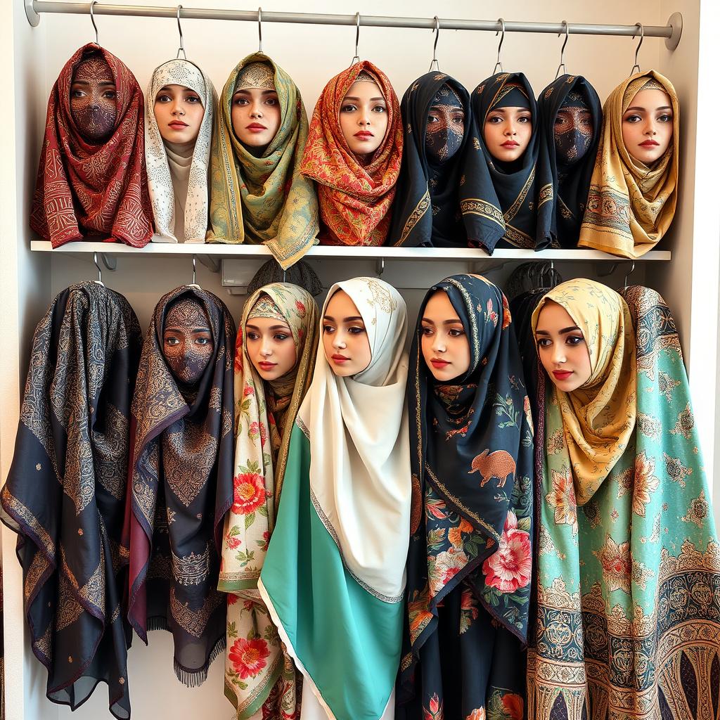 A collection of beautifully designed hijabs displayed elegantly