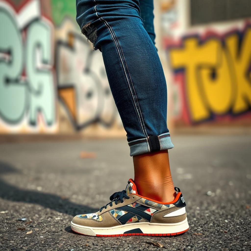 A half-body view focusing on the lower part of a person, showcasing stylish denim jeans with artistic details and trendy shoes