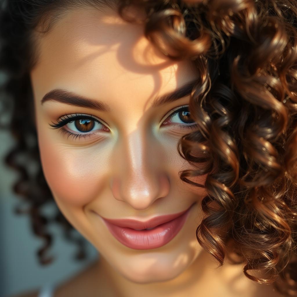 A close-up portrait of a woman's face featuring curly hair that barely brushes against her eyebrow