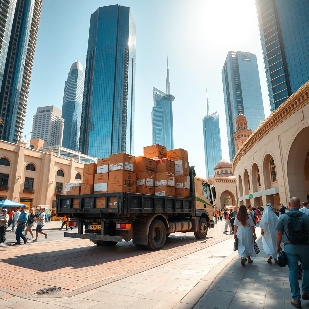 A large lorry with its back open, filled with various carton boxes, parked in a bustling area of Dubai