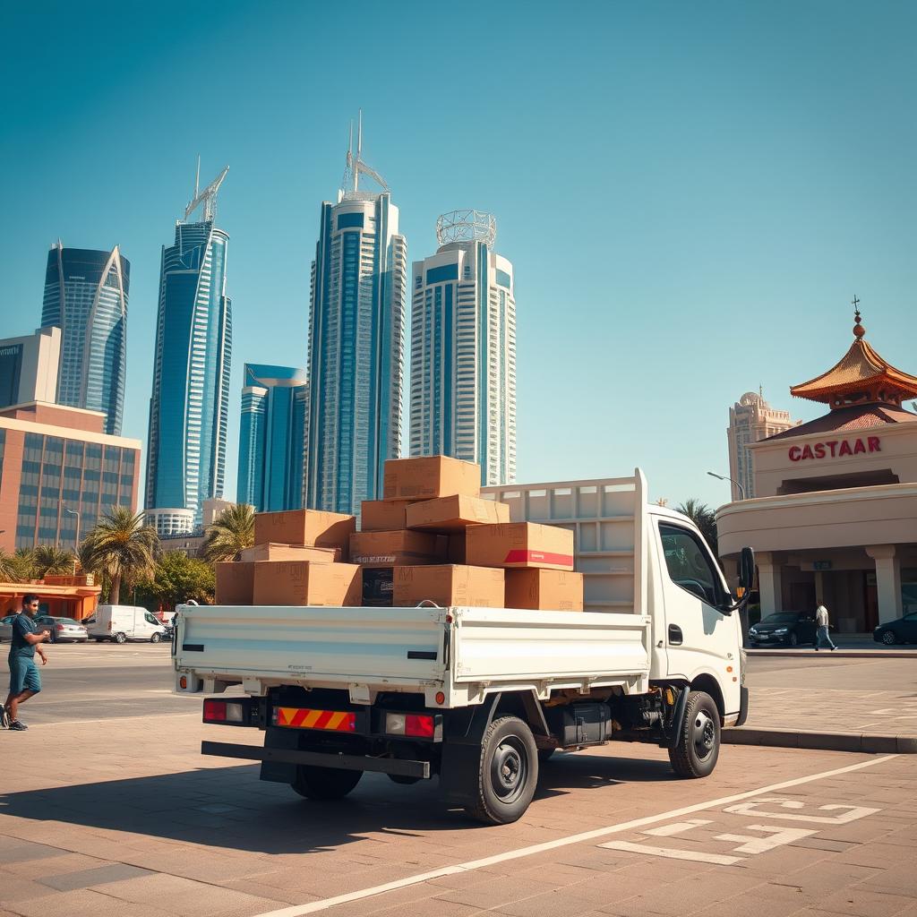 A white Japanese truck with its back open, showcasing a mix of carton boxes and wooden boxes inside, parked in a quiet corner of Dubai