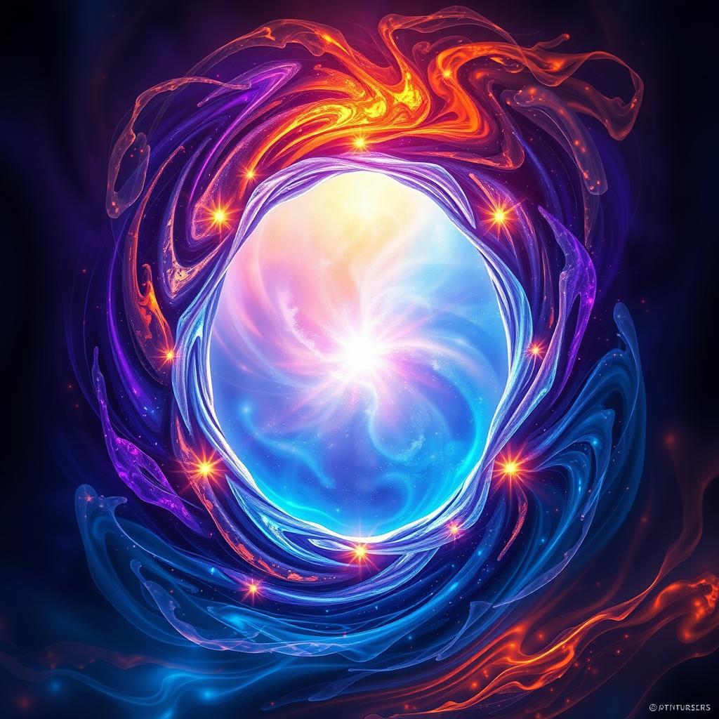 A captivating magic portal featuring an oval shape that appears fluid and dynamic, surrounded by swirling energies in a vibrant array of colors including deep blues, radiant purples, and fiery oranges