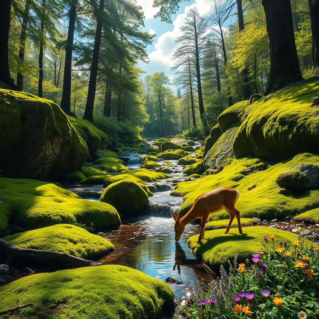 A lush mossy forest scene, where vibrant green moss covers large rocks and the ground, dappled sunlight filtering through the leaves of tall trees