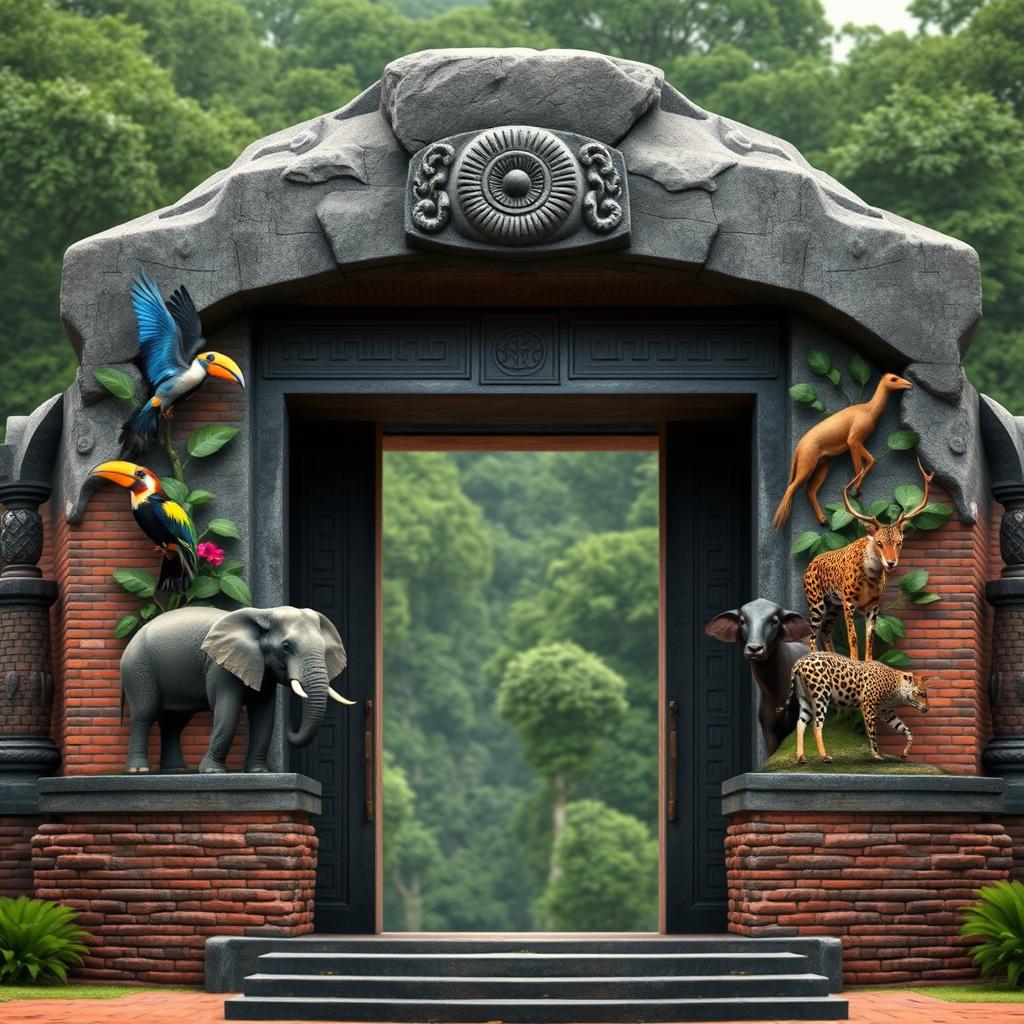 An artistic representation of an entrance gateway inspired by the profile of Sigiriya rock