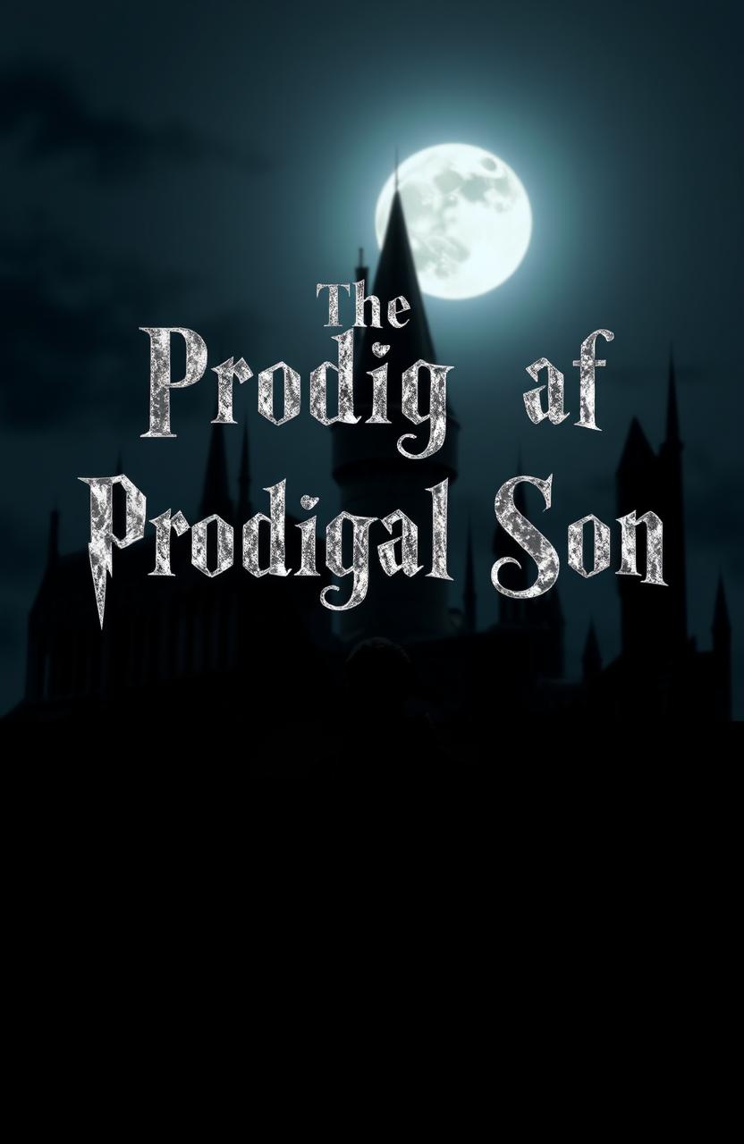 A dark silhouette of a man standing in front of the iconic Hogwarts Castle, illuminated by a gentle moonlight