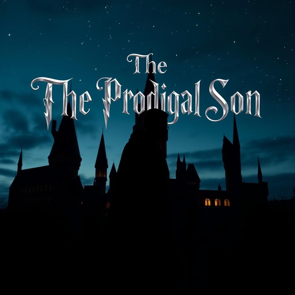 A striking silhouette of a man standing in front of the enchanting Hogwarts castle, featuring its recognizable spires and architecture set against a dusk sky filled with stars